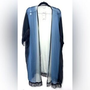 NWT Cruise Club Kimono Style Swim Cover Up, Fringe,Blue/ Black/Grey Ombre